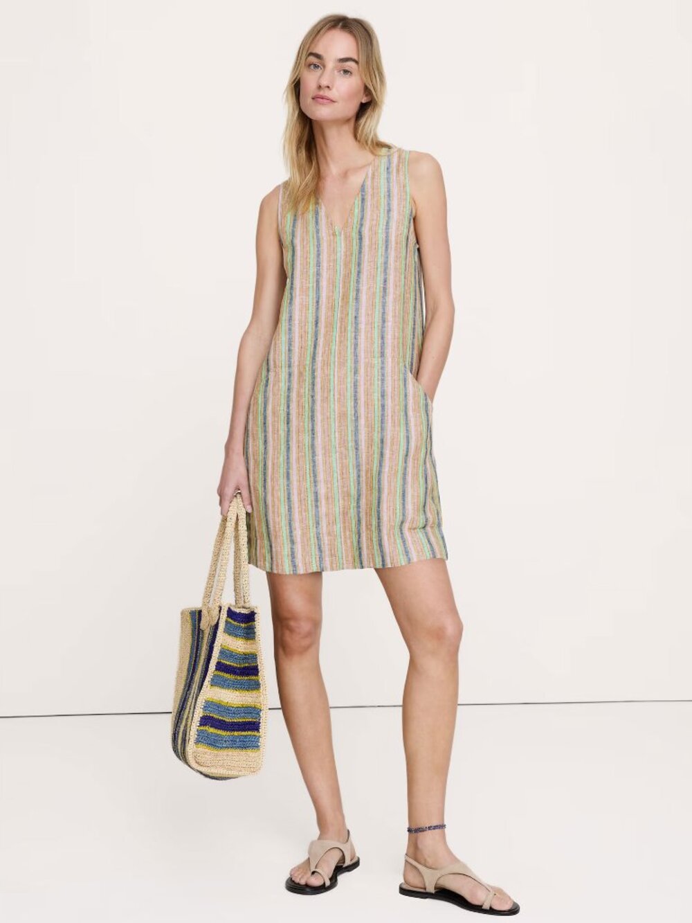 Banana Republic Linen Shift Dress, Pastel Stripe size Small